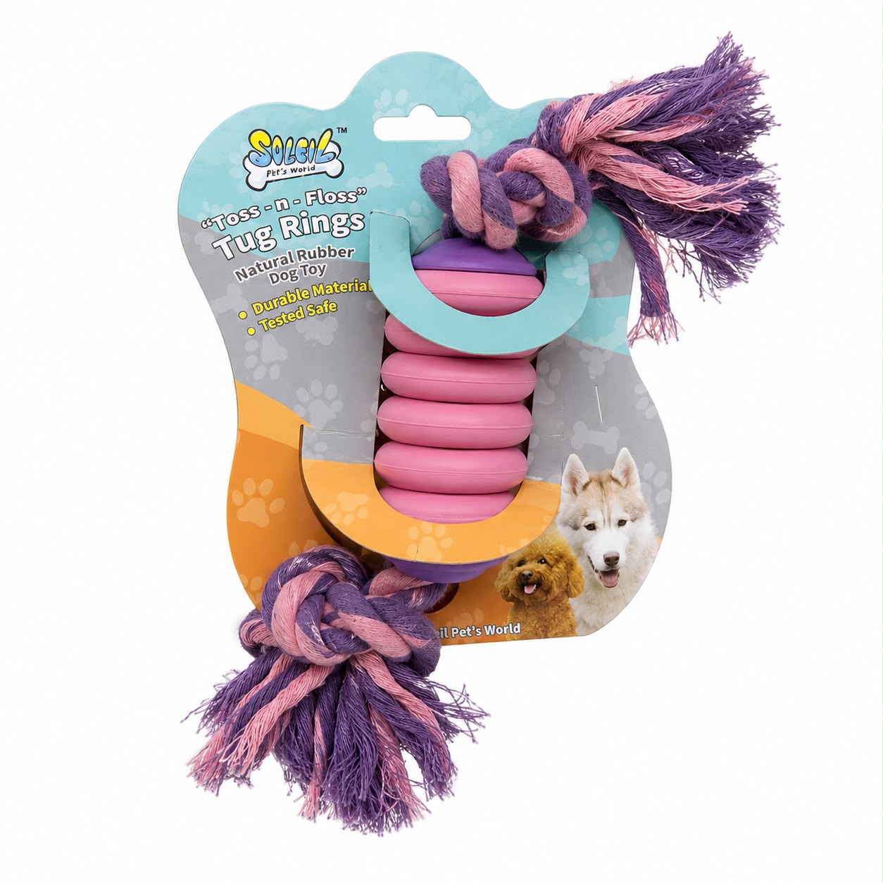 Soleil Toss-N-Floss Tug Rings Dog Toy – Natural Rubber & Rope Interactive Chew Toy