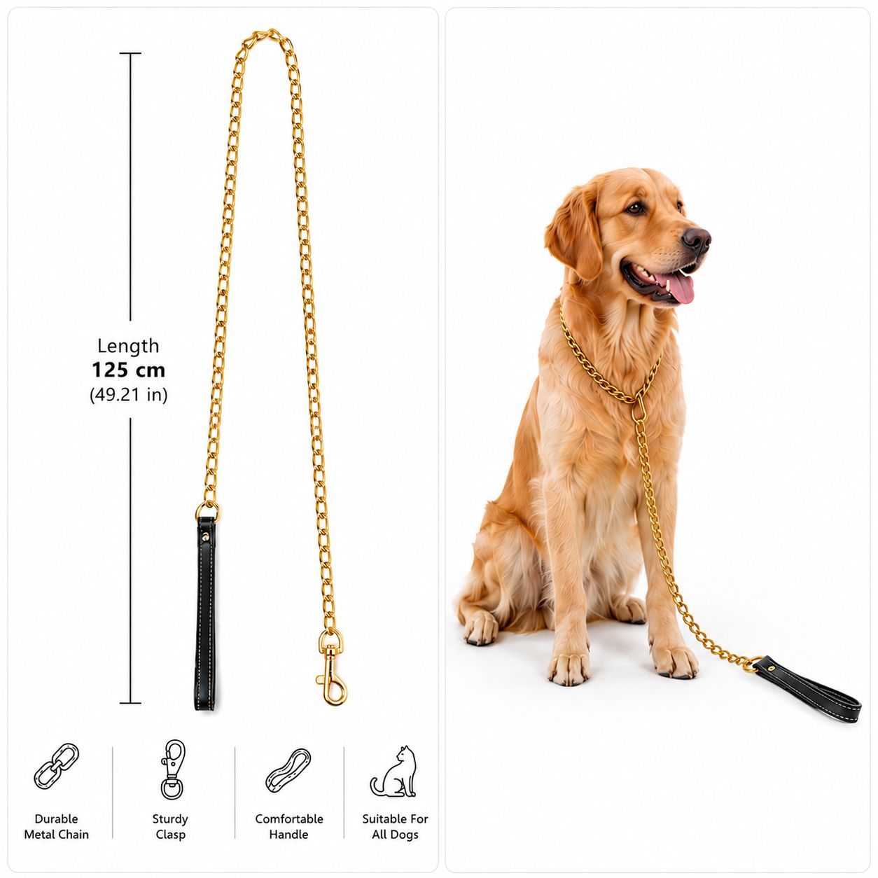 Gold Metal Dog Leash with Comfortable Handle – 125 cm