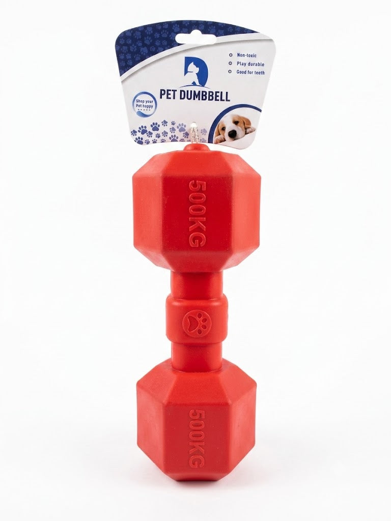 Pet Dumbbell Heavy-Duty Rubber Dog Chew Toy - Red "500KG" Novelty Design