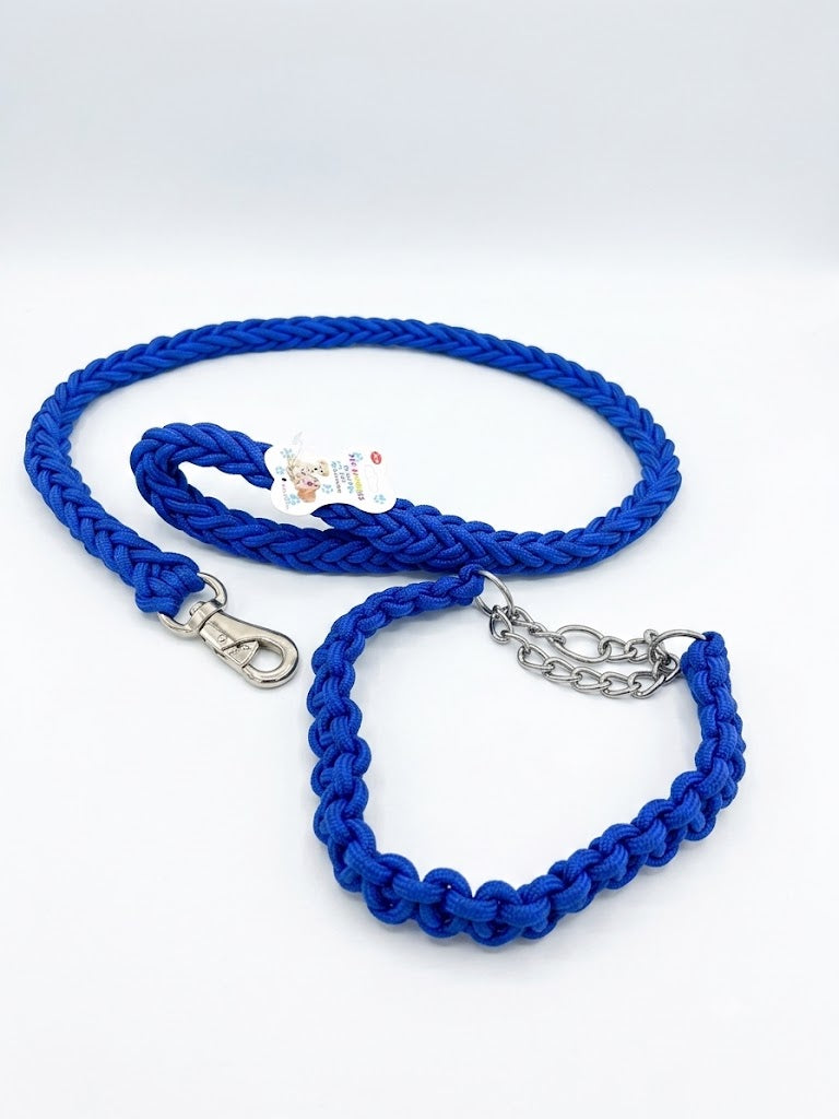 Premium Braided Rope Dog Leash (130 cm) & Martingale Chain Collar Set (60 cm) - Heavy Duty (Blue)
