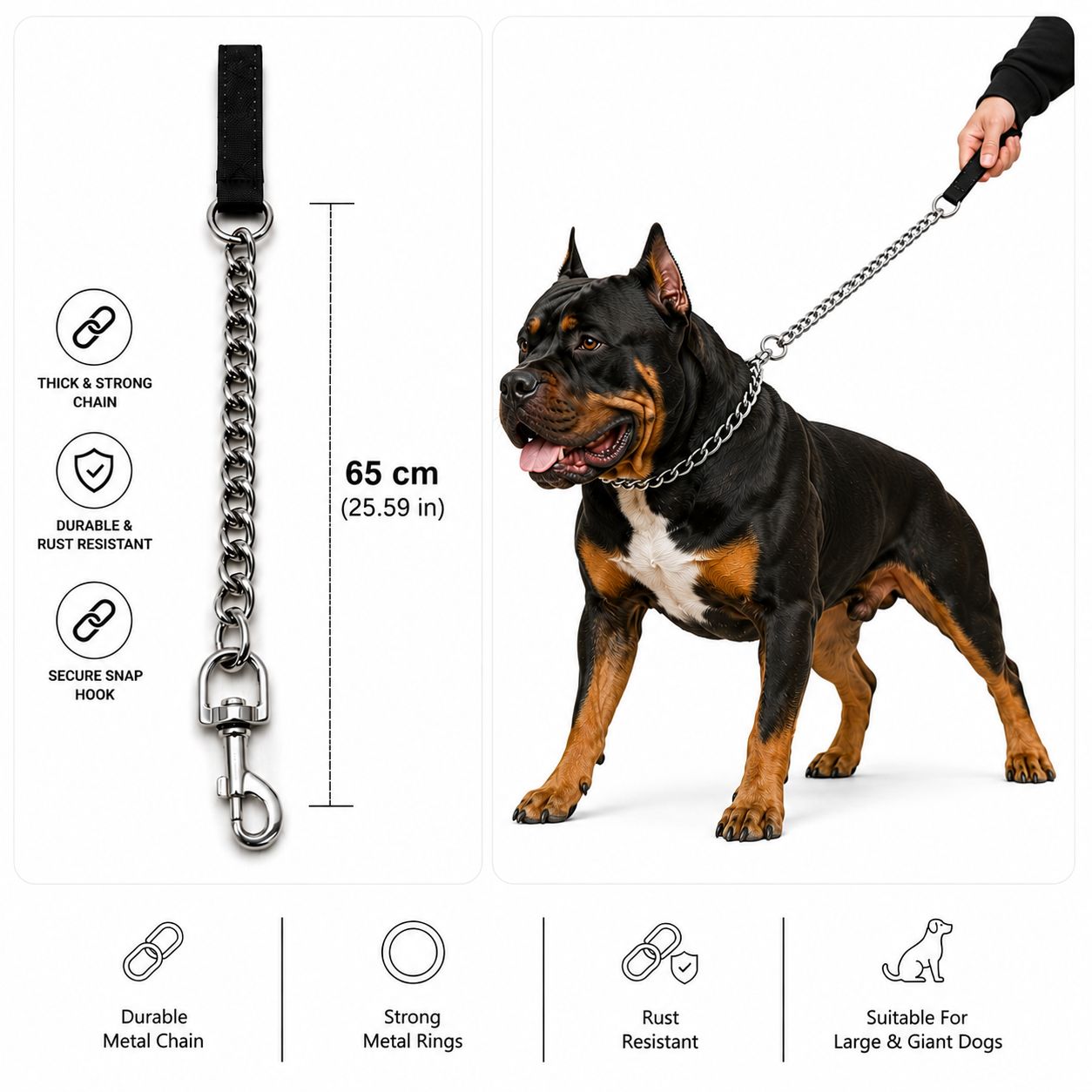 Heavy-Duty Short Chain Leash for Dogs - black color– 65 cm