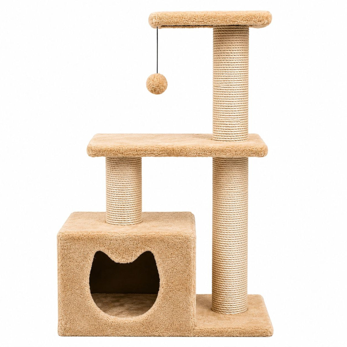 Multi-Level Cat Tree with Scratching Posts, Cozy Hideaway & Hanging Toy – Beige