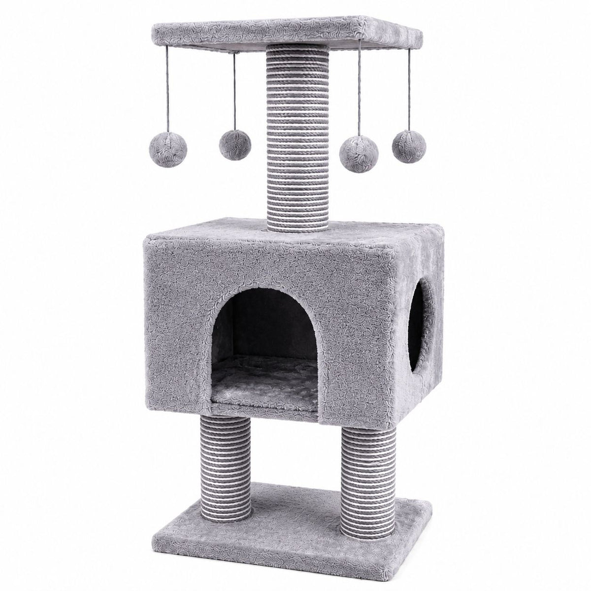 Multi-Level Cat Tree with Scratching Posts, Cozy Hideaway & Hanging Toys – Grey