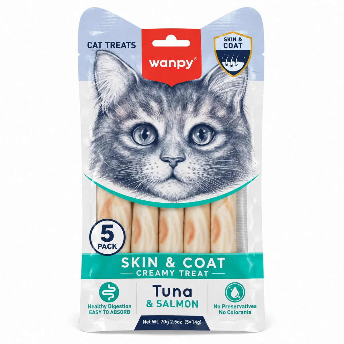 Wanpy Skin & Coat Creamy Cat Treat – Tuna & Salmon, 70g (5 × 14g)