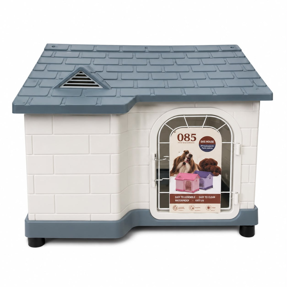 085 Plastic Dog House with Metal Door & Ventilation – Grey & White