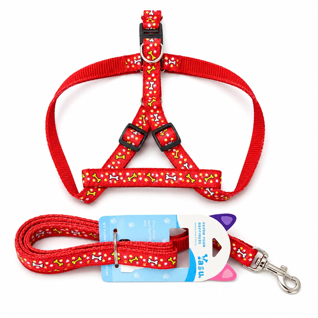 Red Bone Print Pet Harness & Leash Set