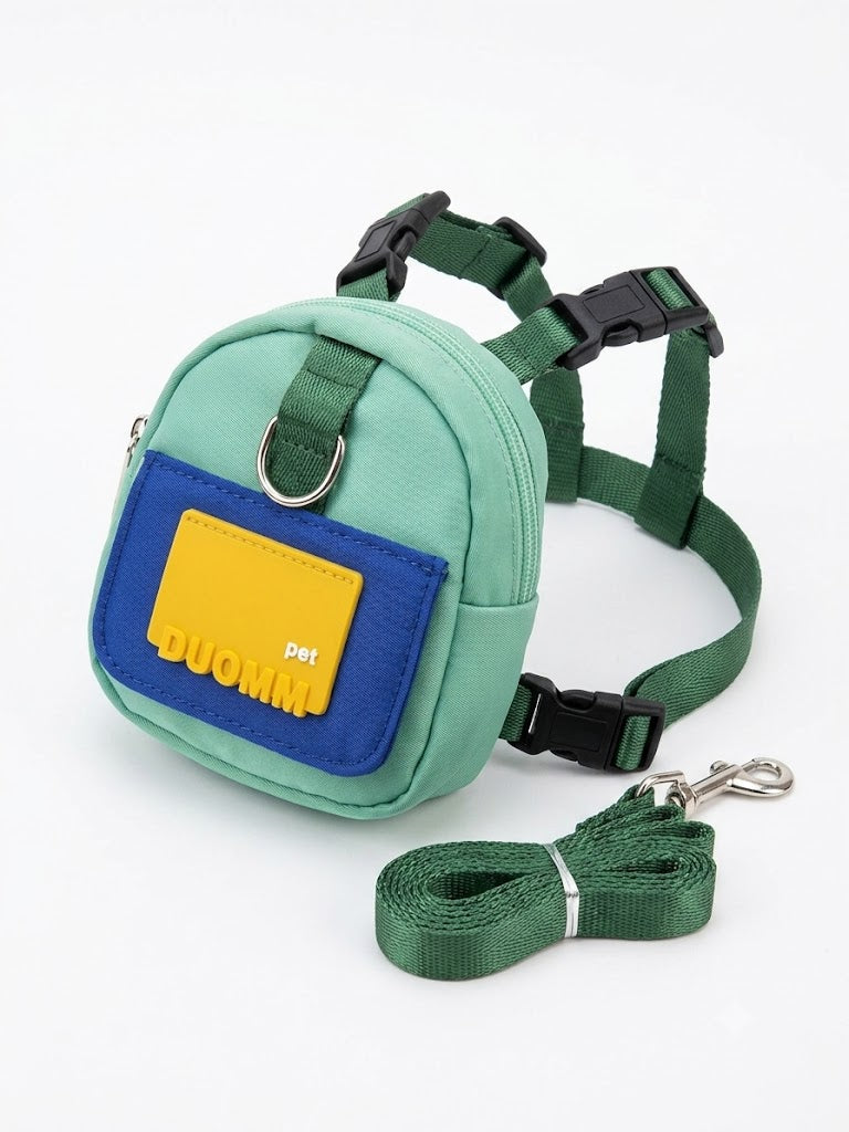 DUOMM Pet Miniature Backpack Harness and Leash Set - Teal/Blue with Yellow 'DUOMM' Patch