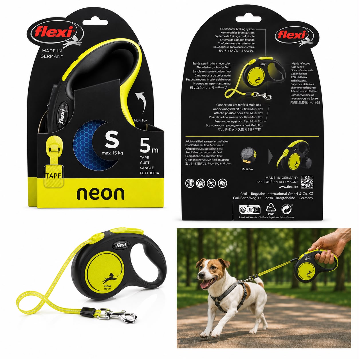 Flexi Neon Retractable Dog Leash – Small (S) | 5m Tape | Up to 15kg | High Visibility | Made in Germany