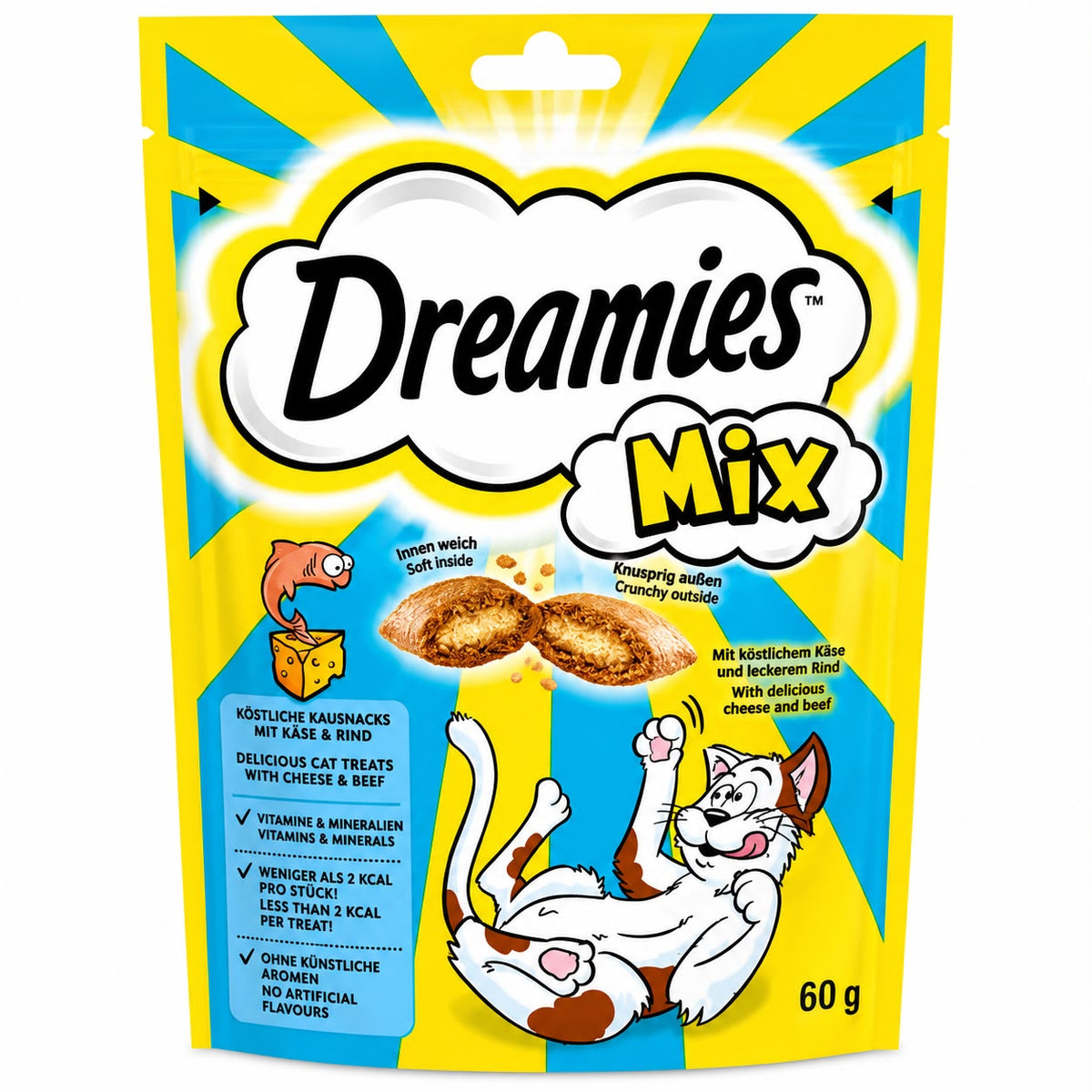 Dreamies Mix Cheese & Beef Cat Treats – Crunchy Outside, Soft Inside – 60g