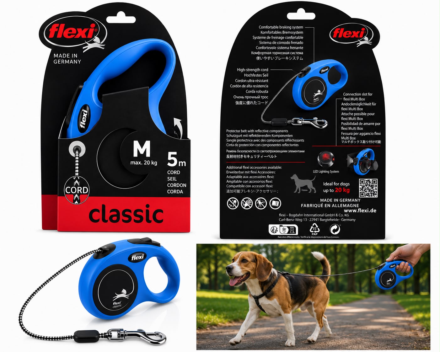Flexi Classic Retractable Dog Leash – Medium (M) | 5m Cord | Up to 20kg | Blue