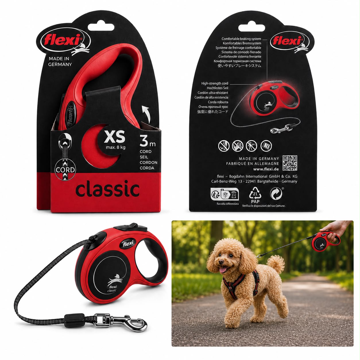 Flexi Classic XS Retractable Dog Leash – 3m Cord – Red – For Dogs up to 8kg