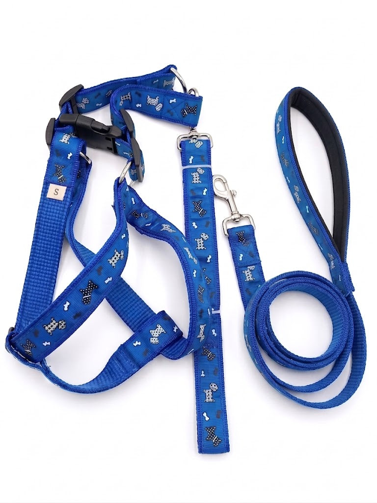 Complete Royal Blue Dog Harness, Leash, and Adapter Set - Bone & Dog Motif (Size S)