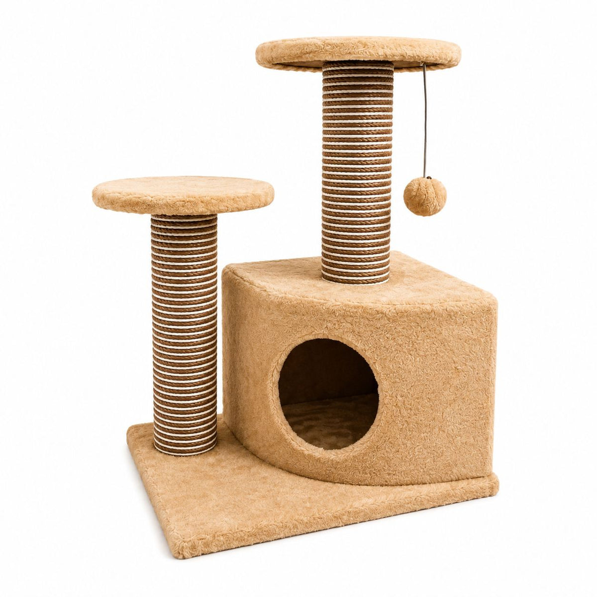 Compact Cat Tree with Scratching Posts, Cozy Hideaway & Play Ball – Beige