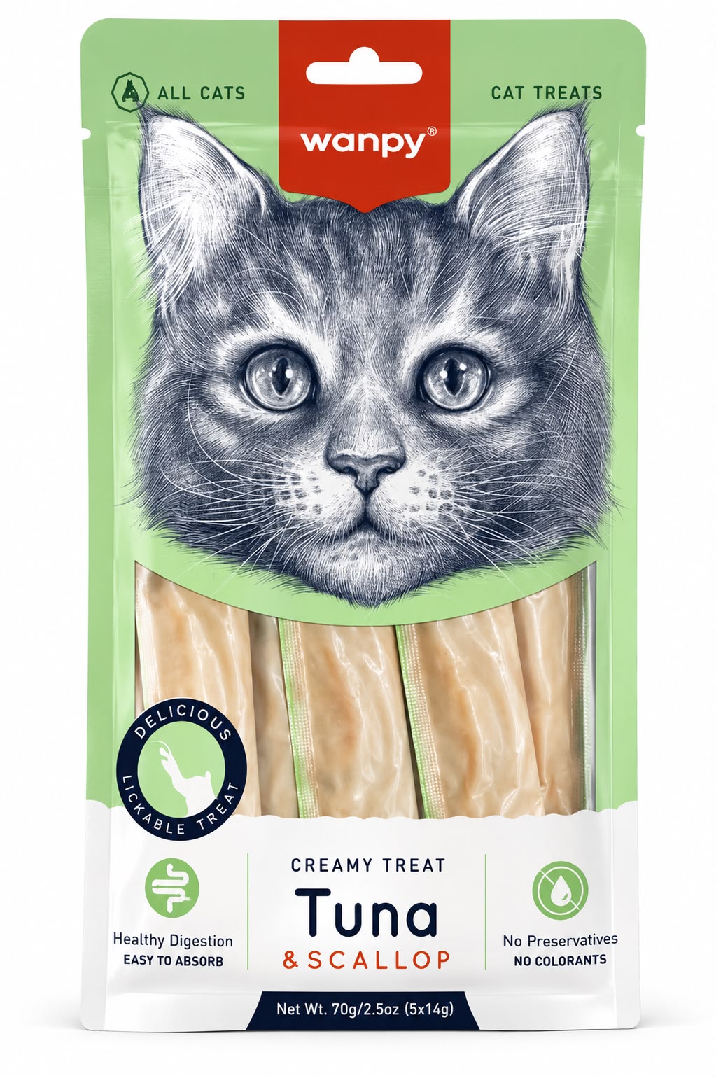 Wanpy Creamy Cat Treat – Tuna & Scallop, 5 × 14g (70g)