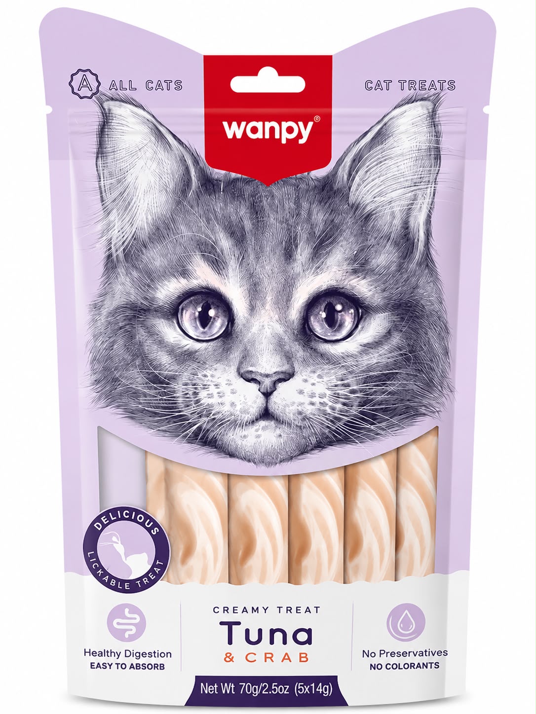 Wanpy Creamy Tuna & Crab Cat Treats – Lickable Treat Sticks – 70g (5 × 14g)