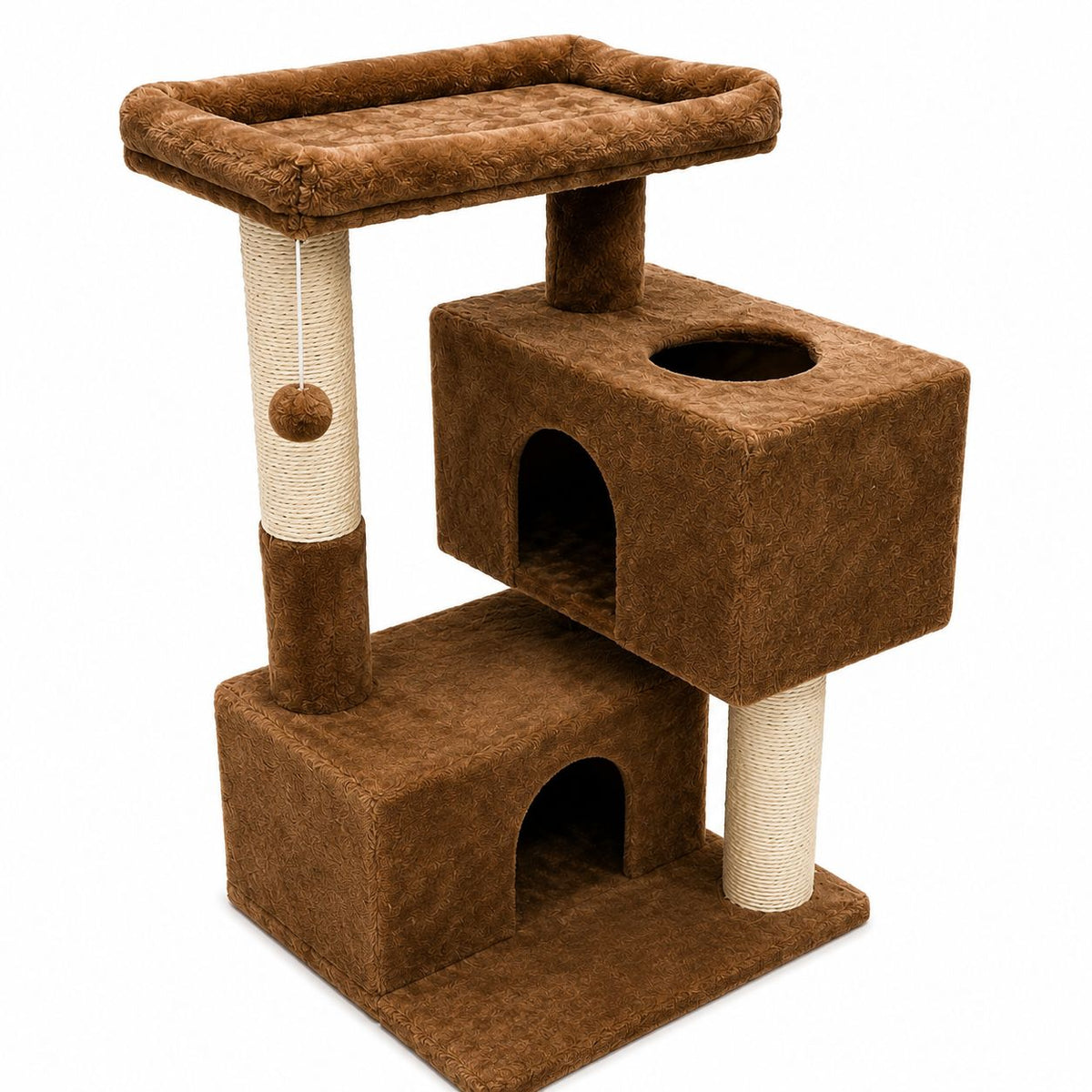 Multi-Level Cat Tree with Double Hideaways, Scratching Posts & Elevated Bed – Brown