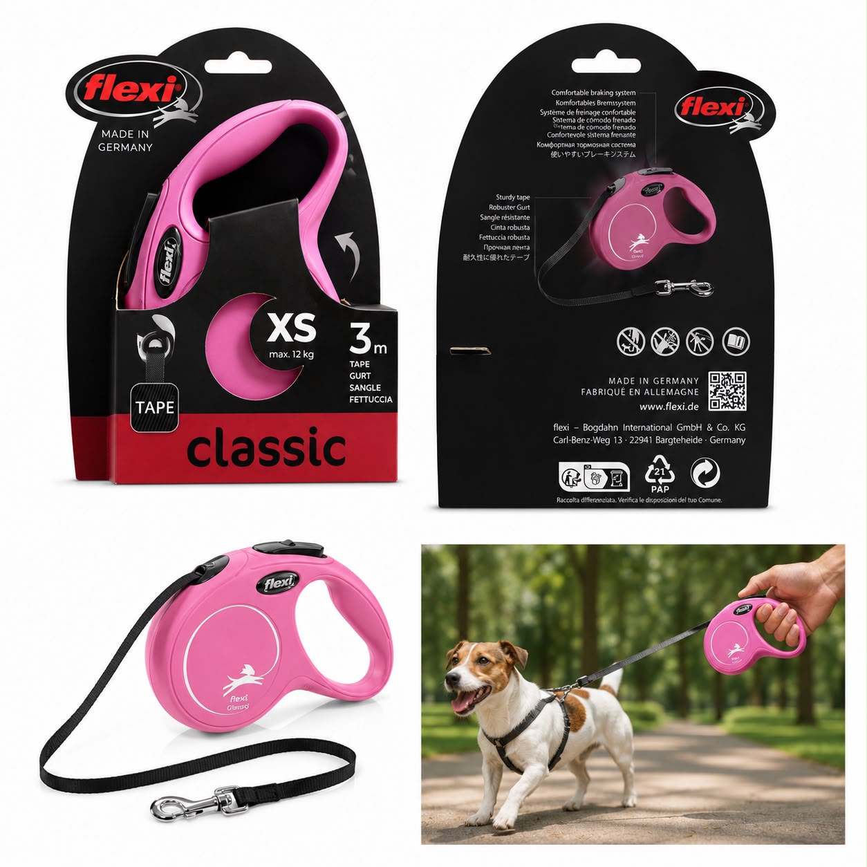 Flexi Classic Retractable Dog Leash – XS | 3m Tape | Up to 12kg | Pink | Made in Germany