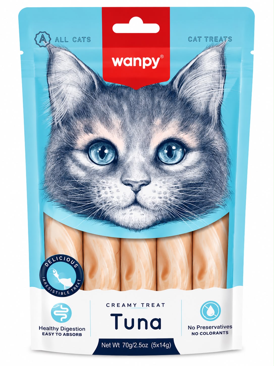 Wanpy Creamy Tuna Cat Treats – Lickable Treat Sticks – 70g (5 × 14g)