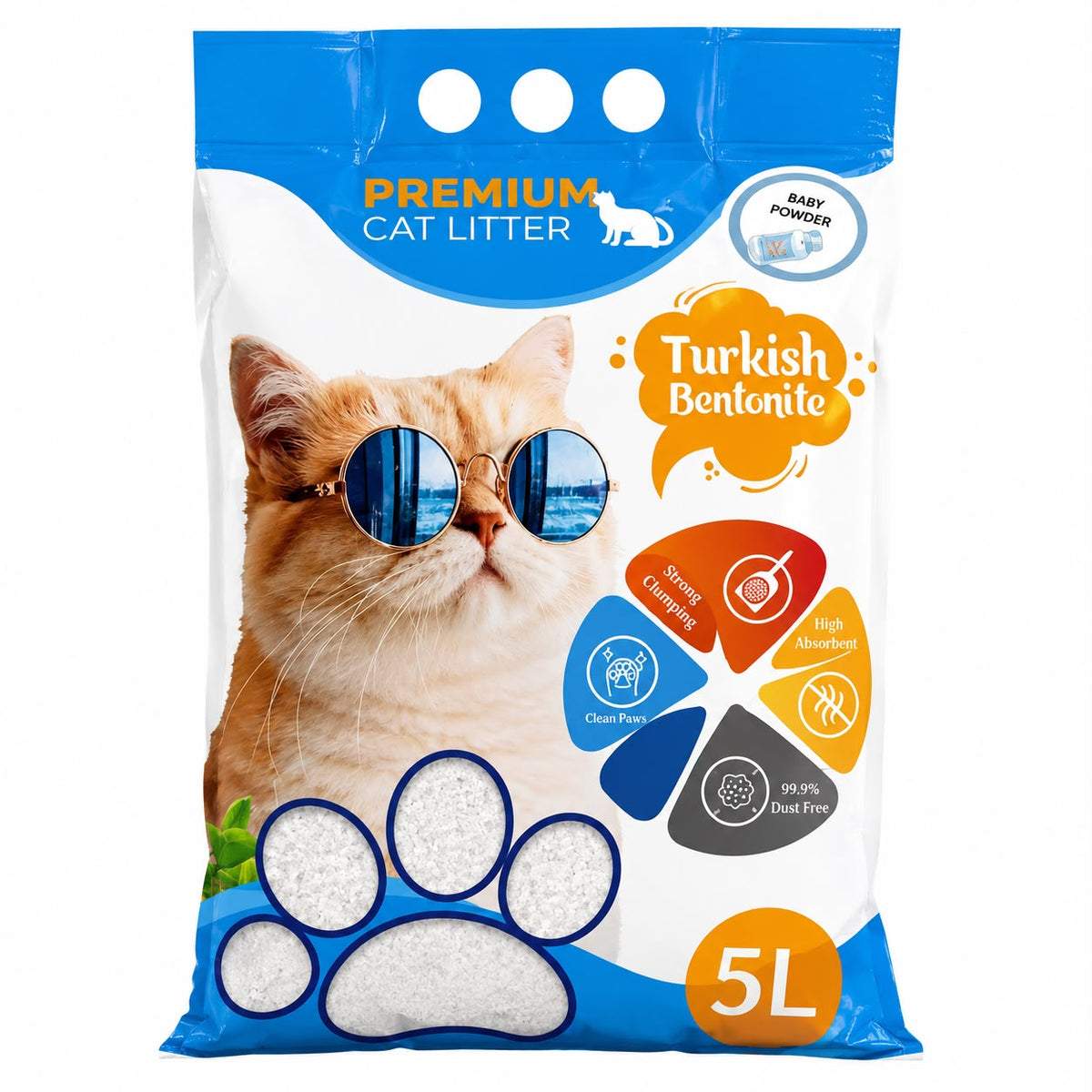 Free Cat Turkish Carbon Cat Litter – Natural Bentonite, White & Colored Granules, Baby Powder Scent, 5L
