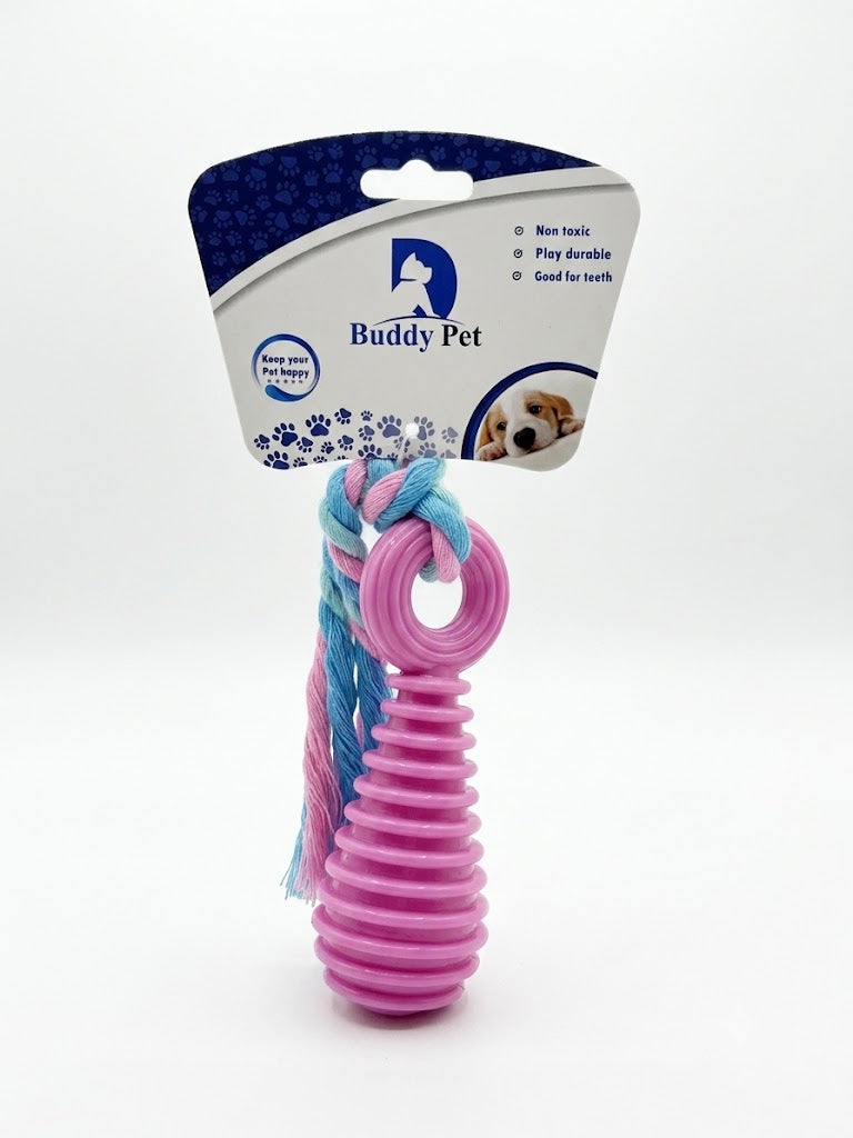 Buddy Pet Ridged Rubber Dental Chew & Rope Tug Dog Toy - Pink, Non-Toxic & Durable