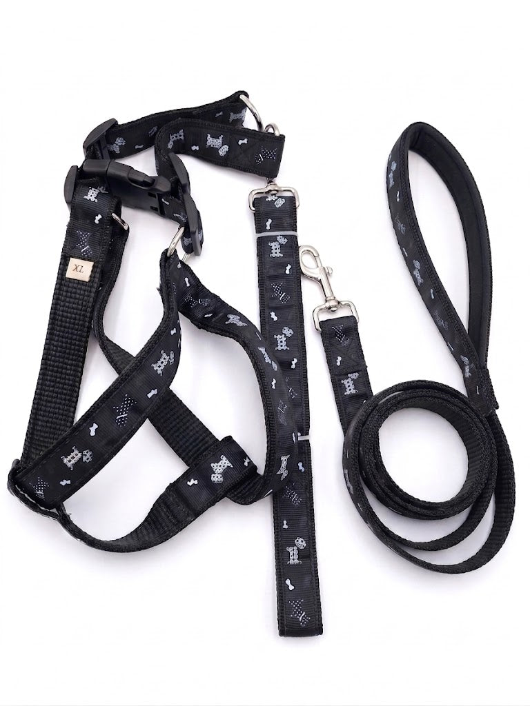 Premium XL Black Patterned Tactical Dog Harness, Leash, and Tether Set - Bones & Paws Motif