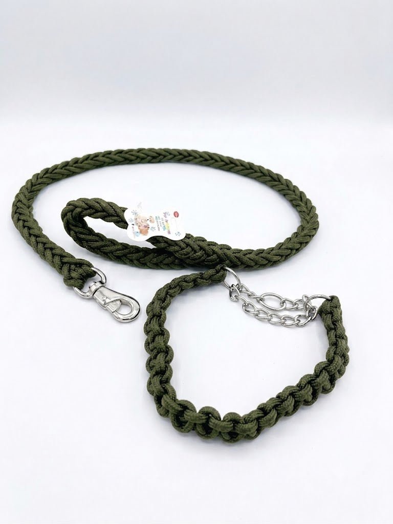 Premium Braided Rope Dog Leash (130 cm) & Martingale Chain Collar Set (60 cm) - Heavy Duty (Olive Green)
