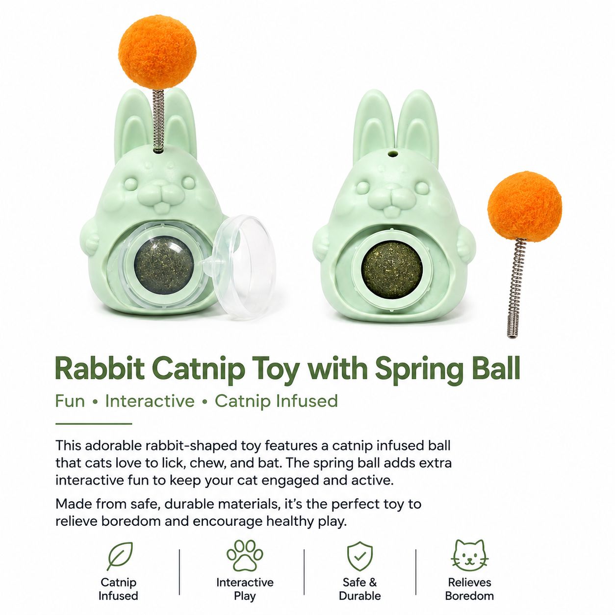 Rabbit Catnip Toy with Spring Pom-Pom – Mint Green