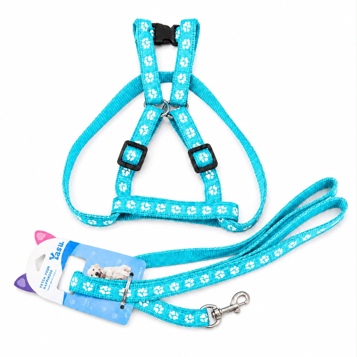 Cyan Paw Print Pet Harness & Leash Set