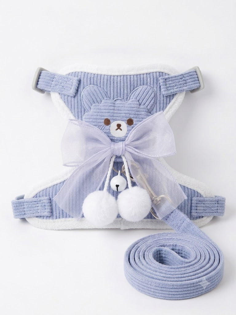 Adorable Dusty Blue Bear Pet Harness & Leash Set with Organza Bow and Pom-Poms - Size Medium (M)