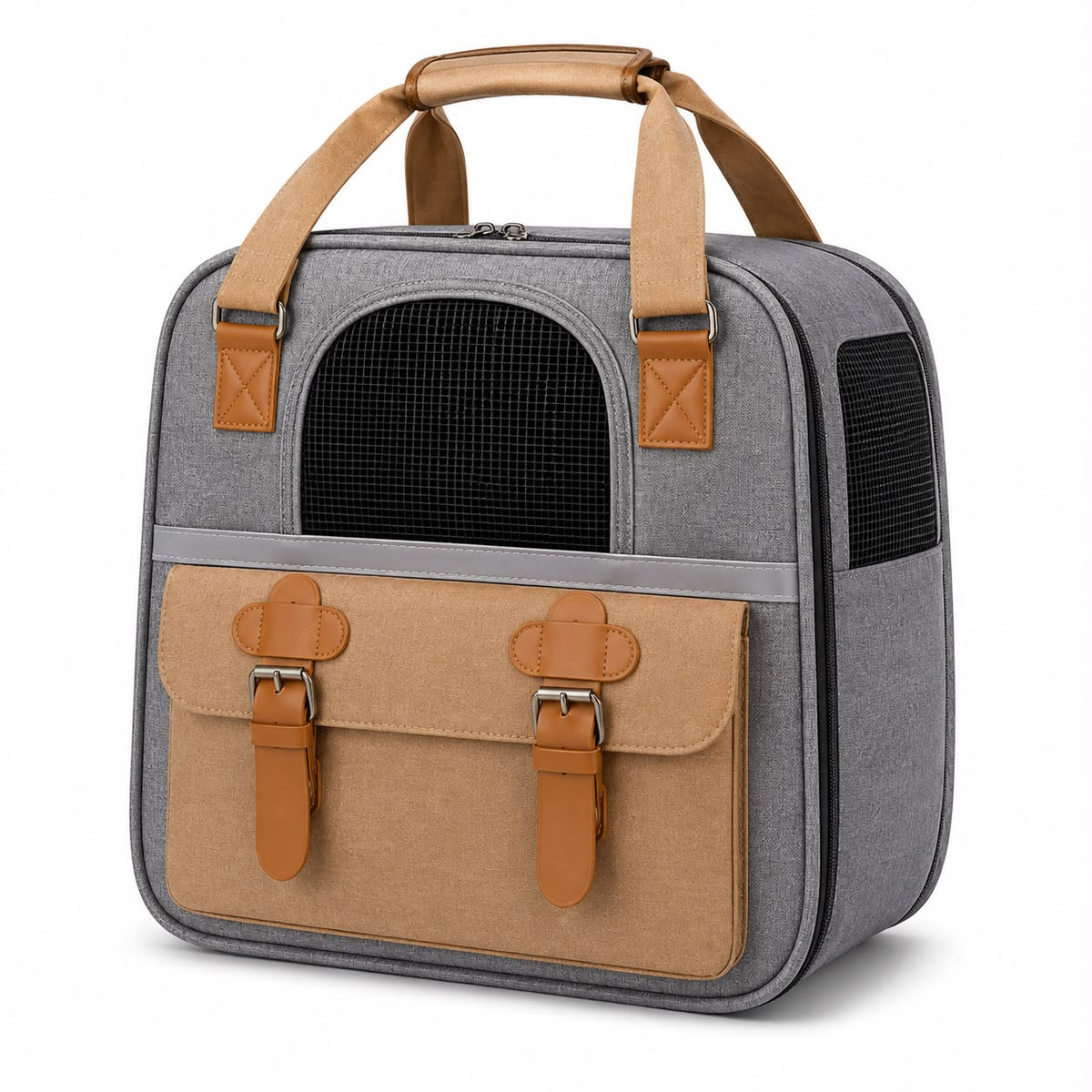 Gray & Tan Pet Carrier Bag with Mesh Ventilation