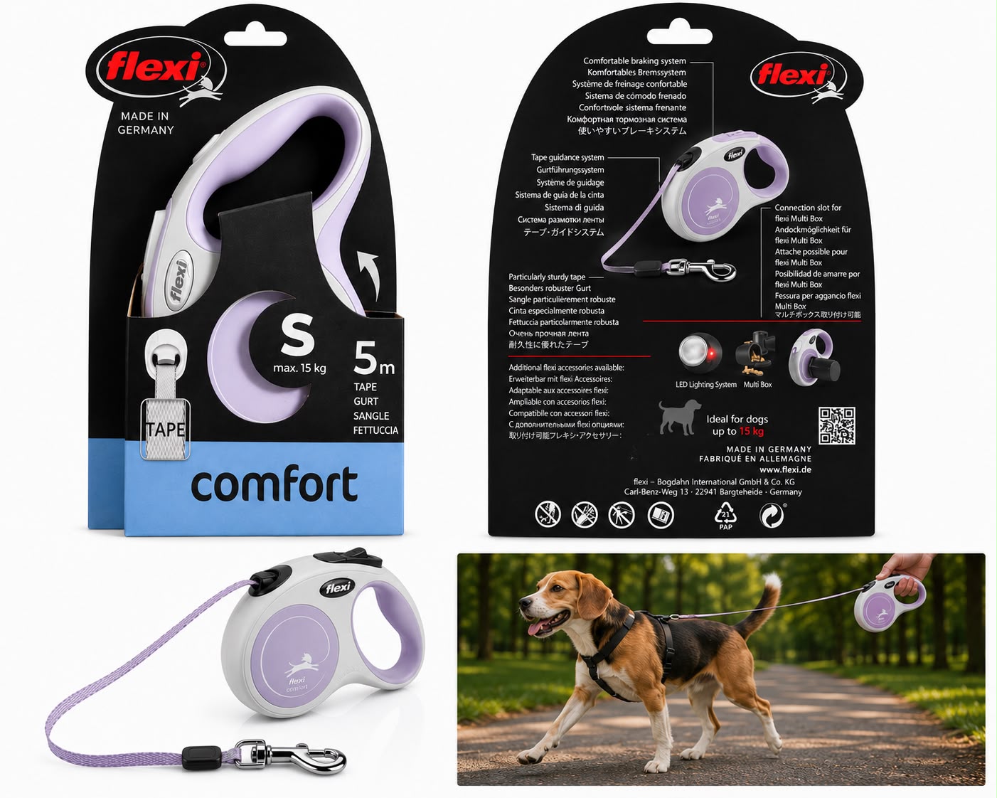Flexi Comfort Retractable Dog Leash – Small (S) | 5m Tape | Up to 15kg | White & Lavender