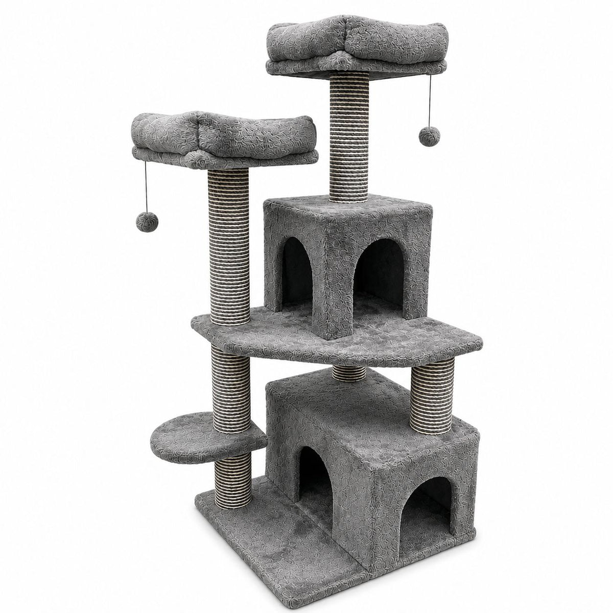 Multi-Level Cat Tree with Double Condos, Scratching Posts & Cozy Perches – Grey