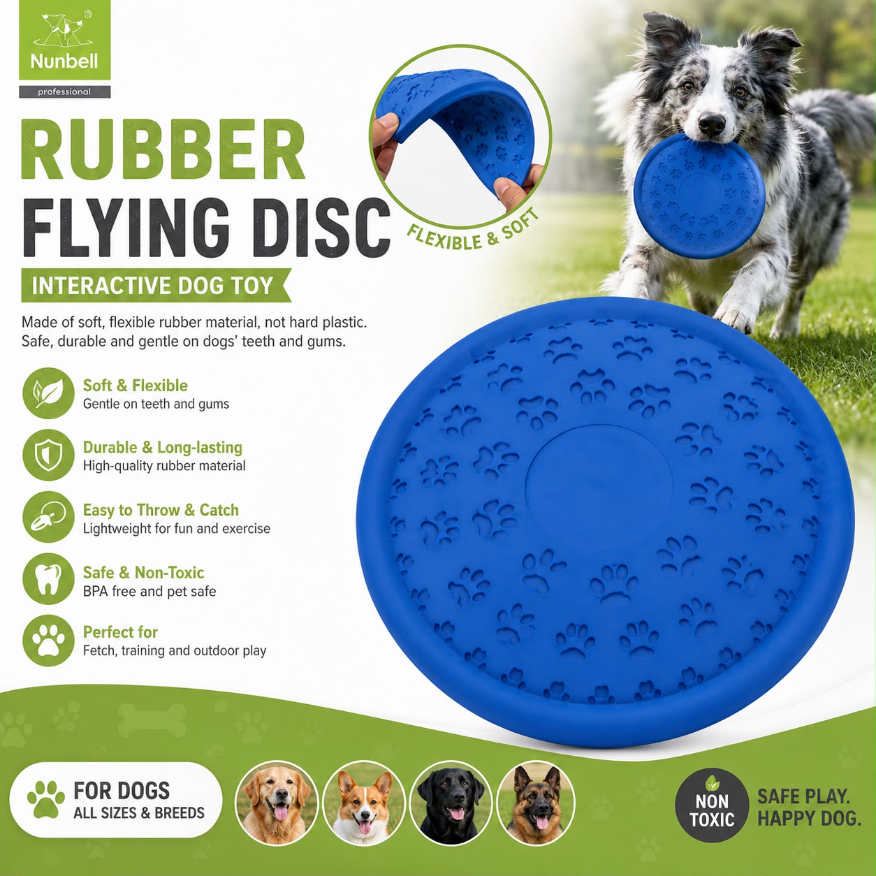 Nunbell Flexible Rubber Flying Disc for Dogs – Interactive Fetch & Training Toy