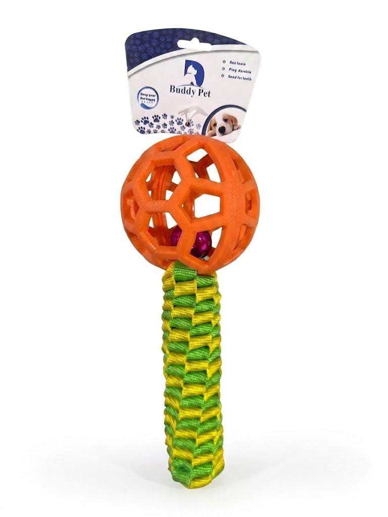 Buddy Pet Interactive Rope Tug & Geometric Rubber Ball Toy with Bell (Orange & Green/Yellow)