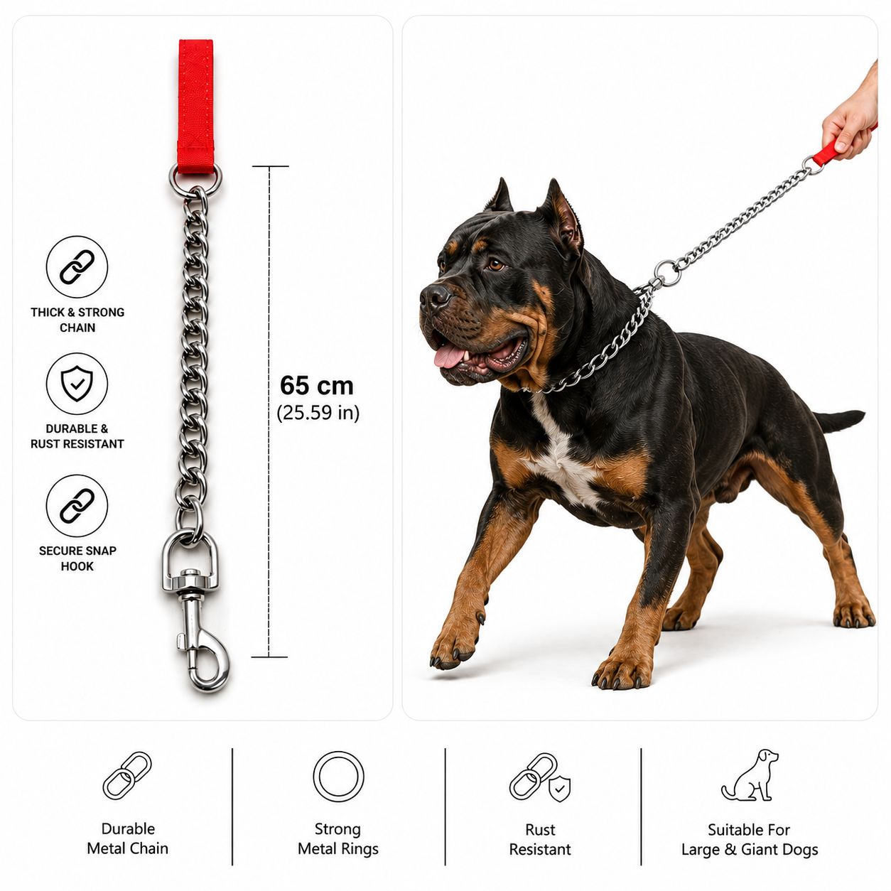 Heavy-Duty Short Chain Leash for Dogs - red color– 65 cm