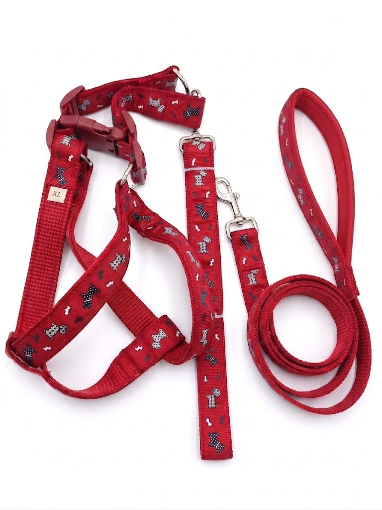 Matching Red Dog Harness and Padded Leash Set with Grey Bone Pattern (Size XL)