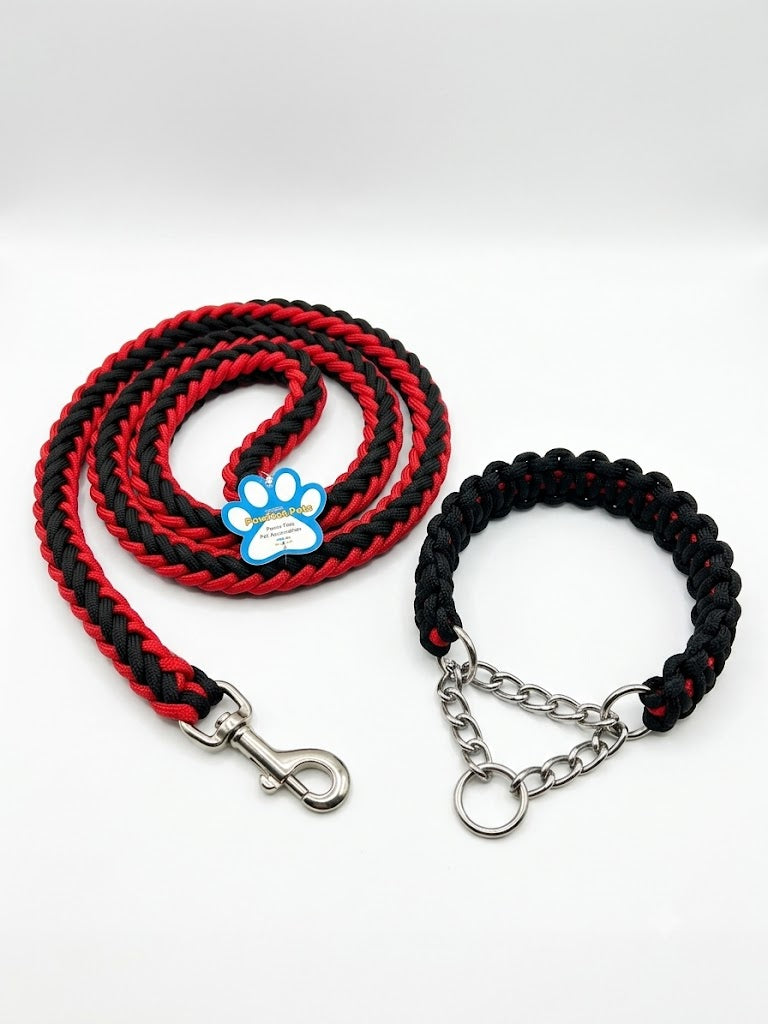 Premium Braided Rope Dog Leash (130 cm) & Martingale Chain Collar Set (60 cm) - Heavy Duty (Red/Black)