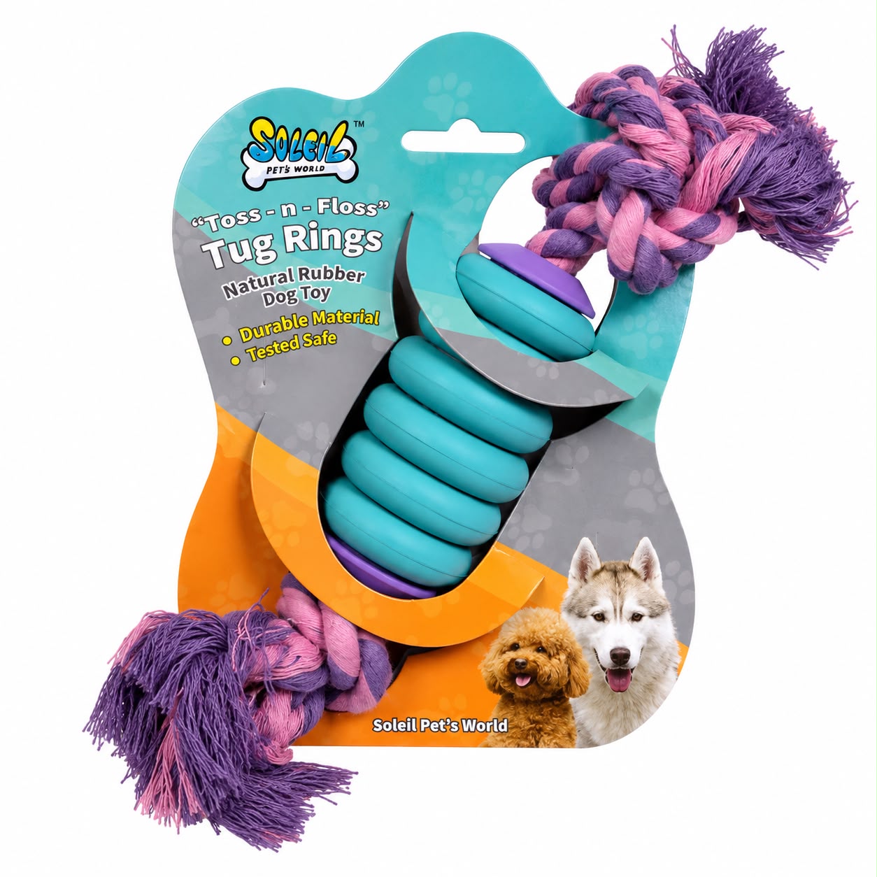Soleil Toss-N-Floss Tug Rings Dog Toy – Natural Rubber & Cotton Rope Chew Toy