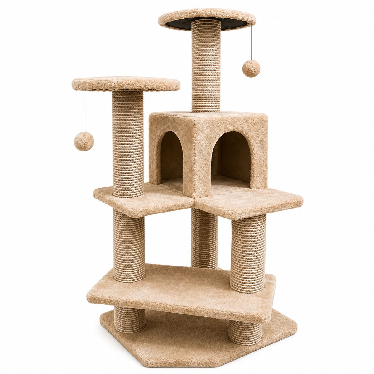 Multi-Level Cat Tree with Scratching Posts, Cozy Hideaway & Play Balls – Beige