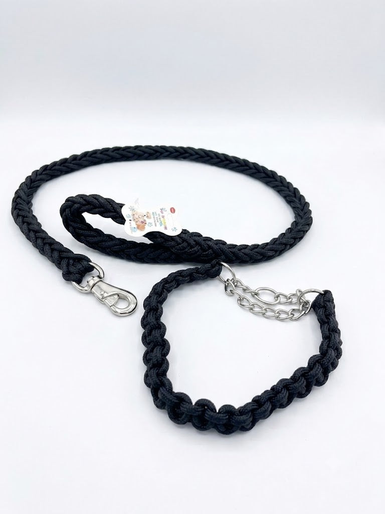 Premium Braided Rope Dog Leash (130 cm) & Martingale Chain Collar Set (60 cm) - Heavy Duty (Black)