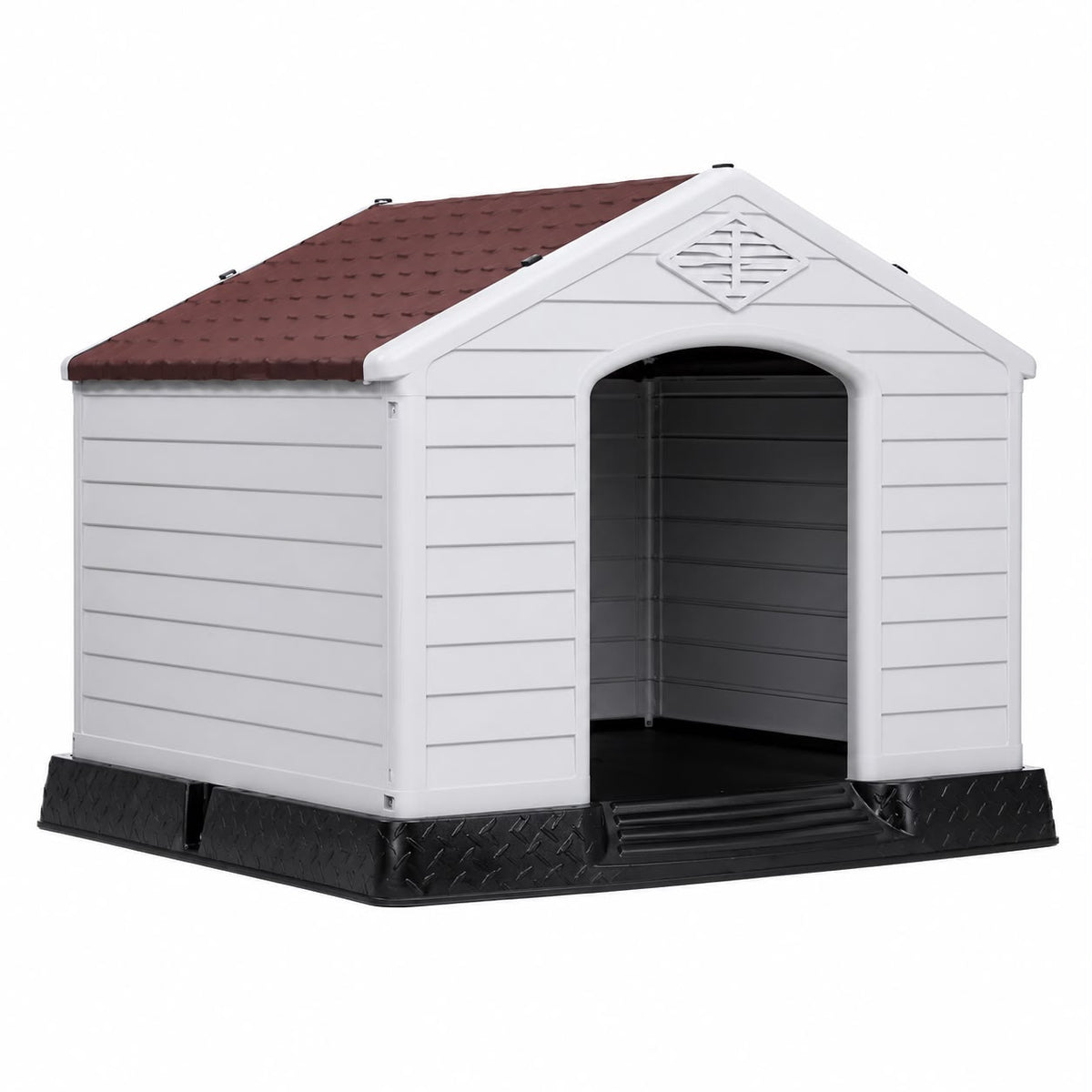 Large Outdoor Plastic Dog House with Raised Base – White & Brown