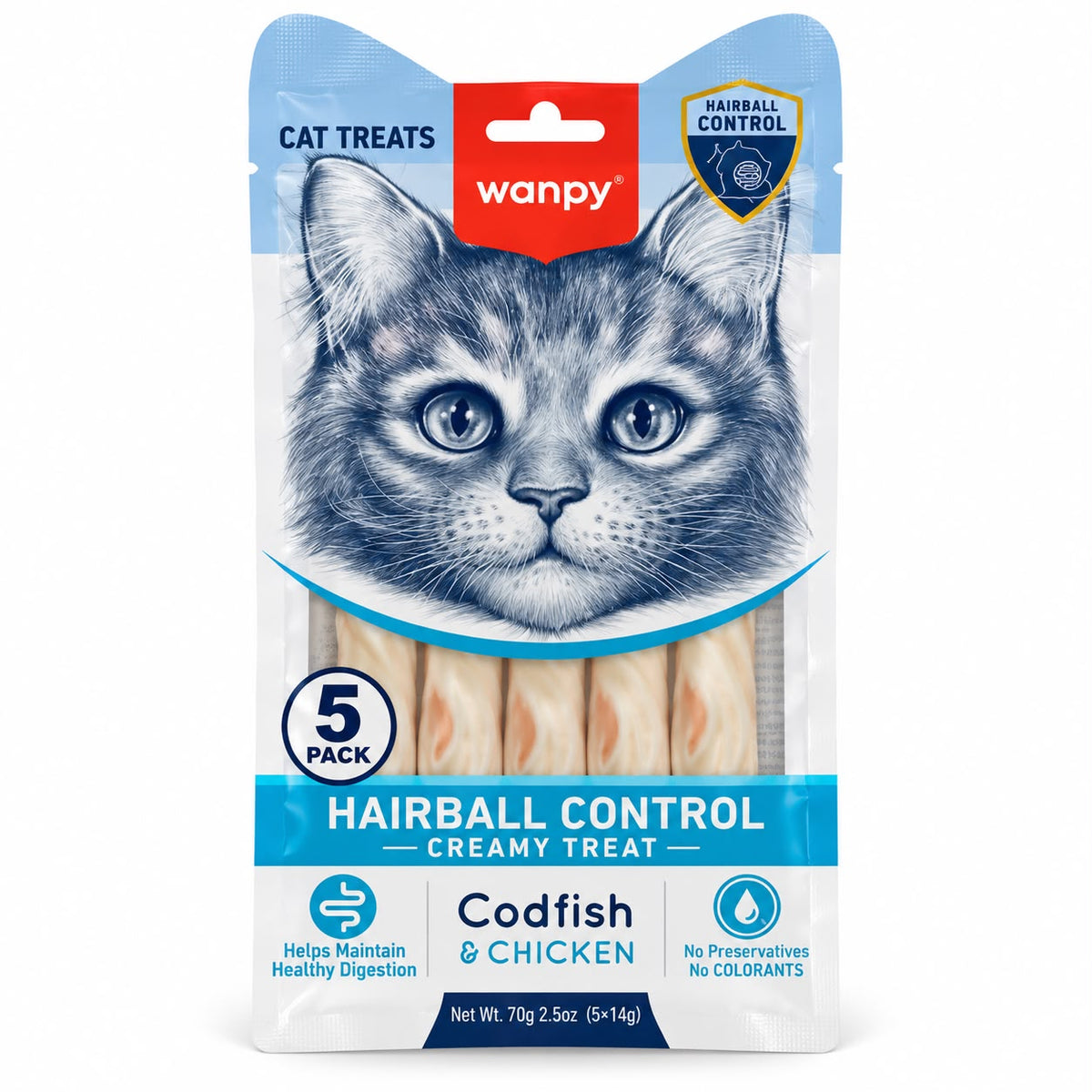 Wanpy Hairball Control Creamy Cat Treat – Codfish & Chicken, 70g (5 × 14g)