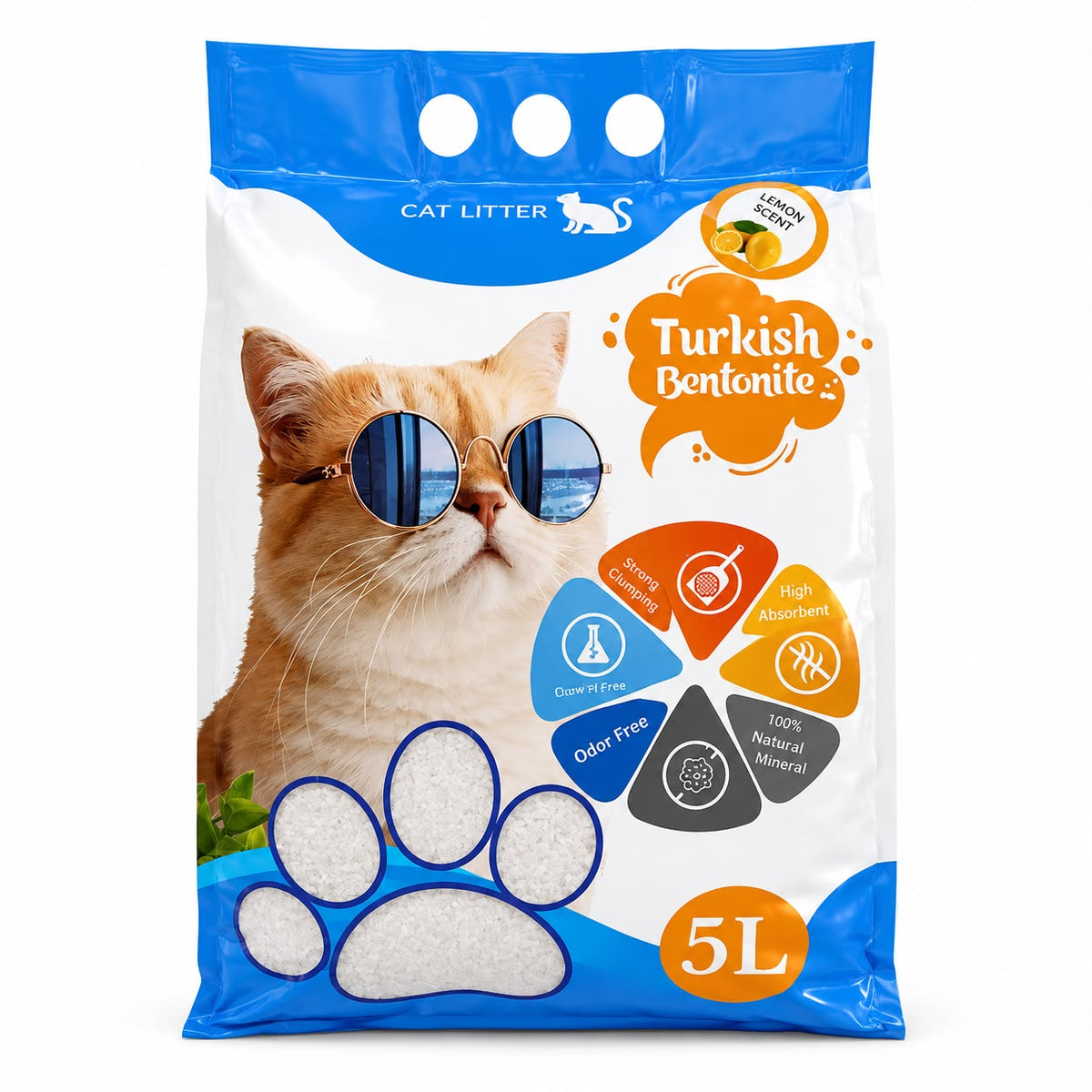 Free Cat Turkish Carbon Cat Litter – Natural Bentonite, White & Colored Granules, Lemon Scent, 5L
