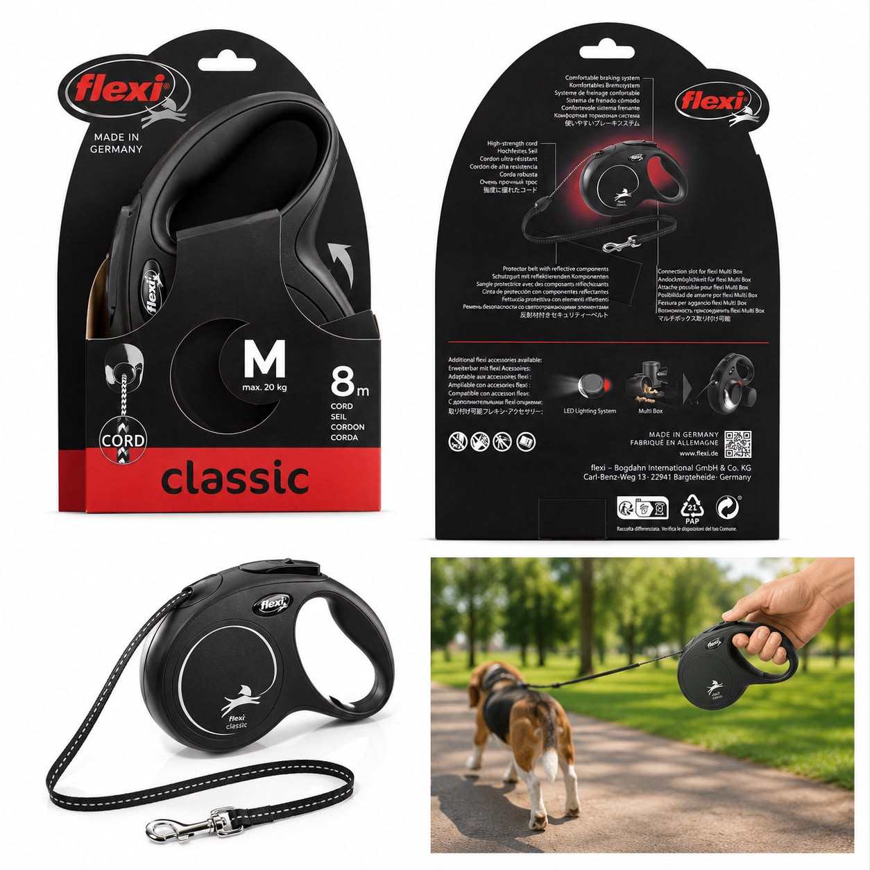 Flexi Classic Retractable Dog Leash – Medium (M) | 8m Cord | Up to 20kg | Made in Germany
