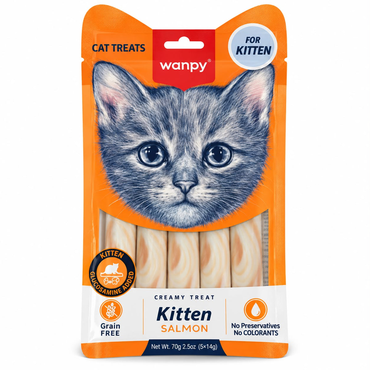 Wanpy Kitten Creamy Cat Treat – Salmon with Glucosamine, 70g (5 × 14g)