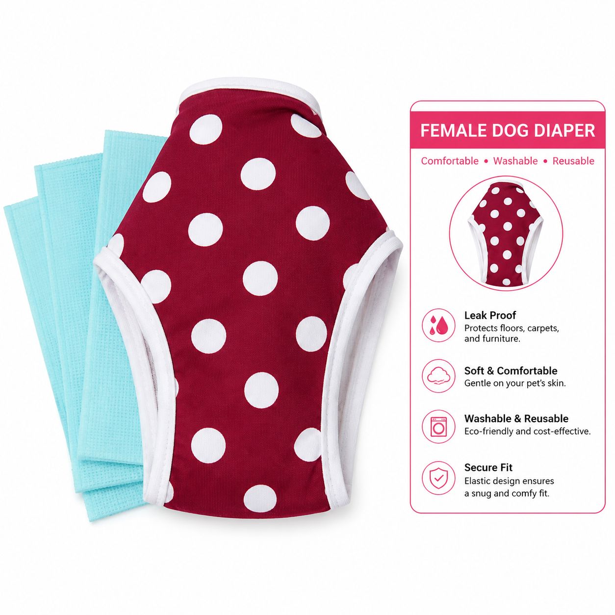 Reusable Female Dog Diaper with Pads – Red Polka Dot