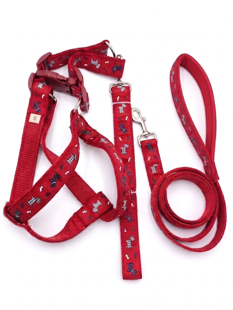 Matching Red Scottie Dog Pattern Padded Dog Harness and Padded Handle Leash Set - Size S (Small)