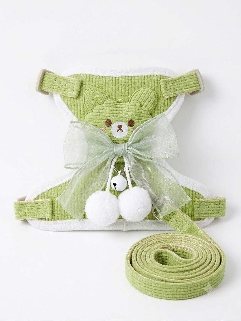 Adorable Green Bear Pet Harness & Leash Set with Organza Bow and Pom-Poms - Size Medium (M)