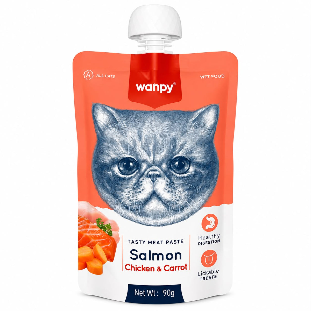 Wanpy Tasty Meat Paste for Cats – Salmon, Chicken & Carrot, 90g