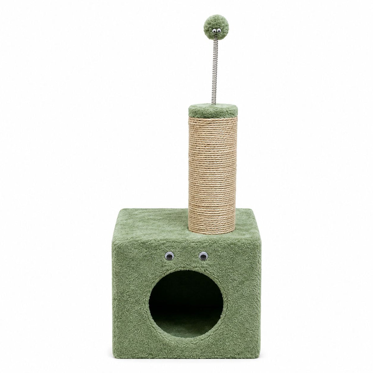 Cat Scratching Post with Cozy Hideaway & Interactive Spring Toy – Green